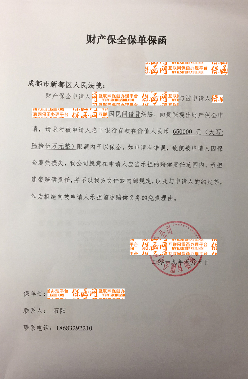 2019诉讼保全保函实例分析三/保险公司保函/成都市新都区人民法院