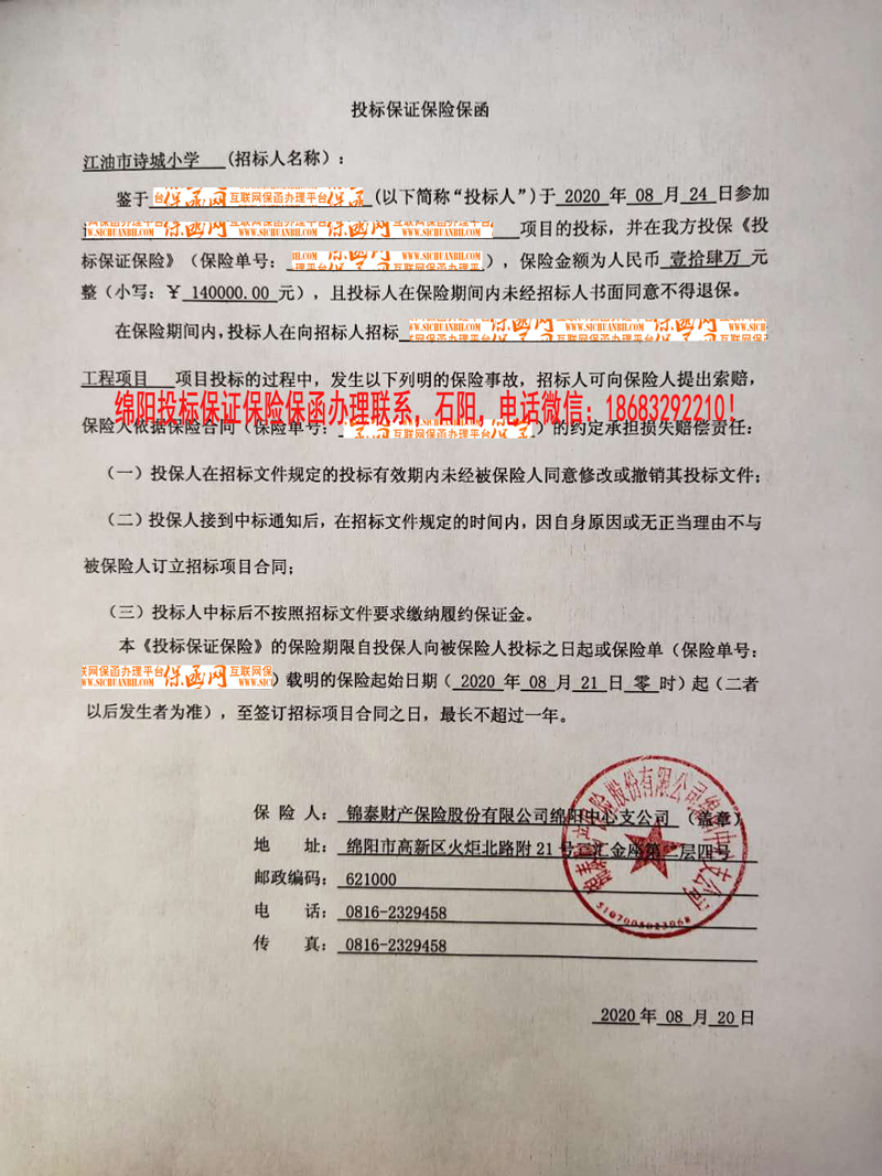 2020建设工程投标保证保险保函实例三/保险公司保函/投标保证保险